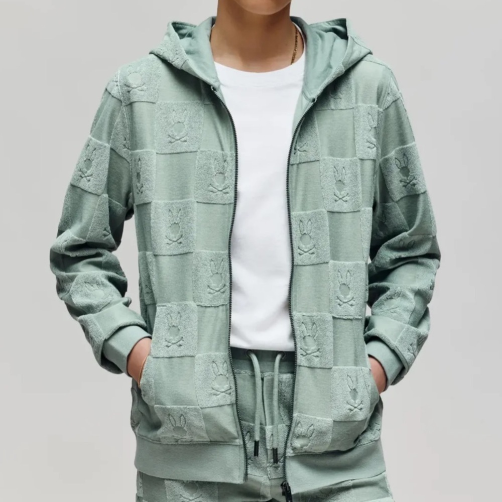 PSYCHO BUNNY Kids Kelvin Full Zip Towel Terry Hoodie Green Size Large